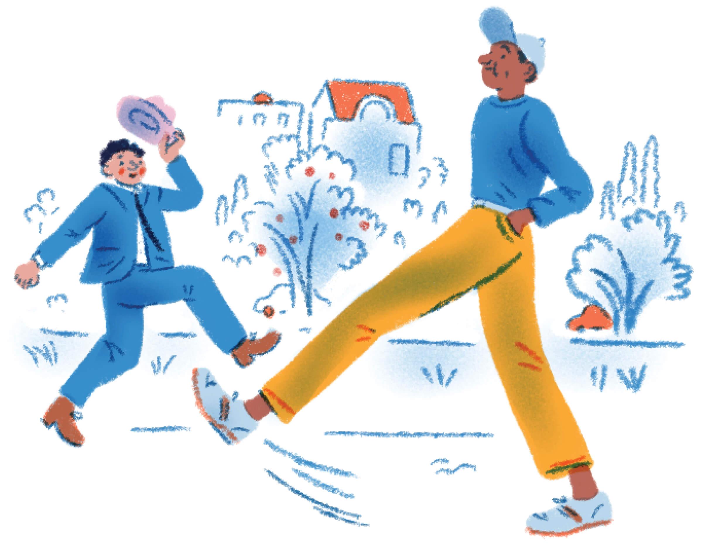 Illustration of two men passing each other on a walk