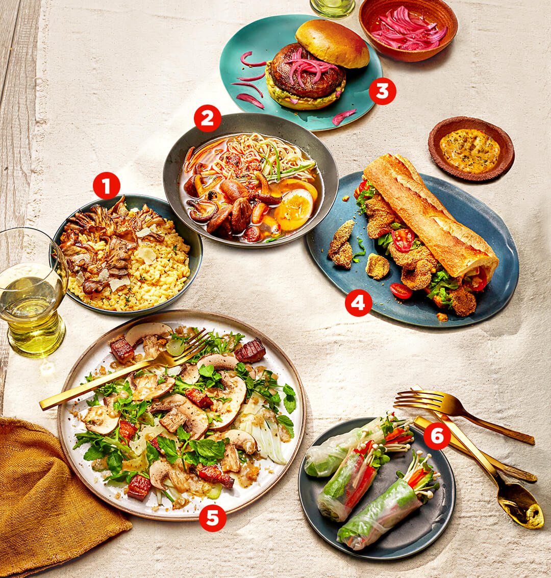 Photo of table setting with various mushroom dishes