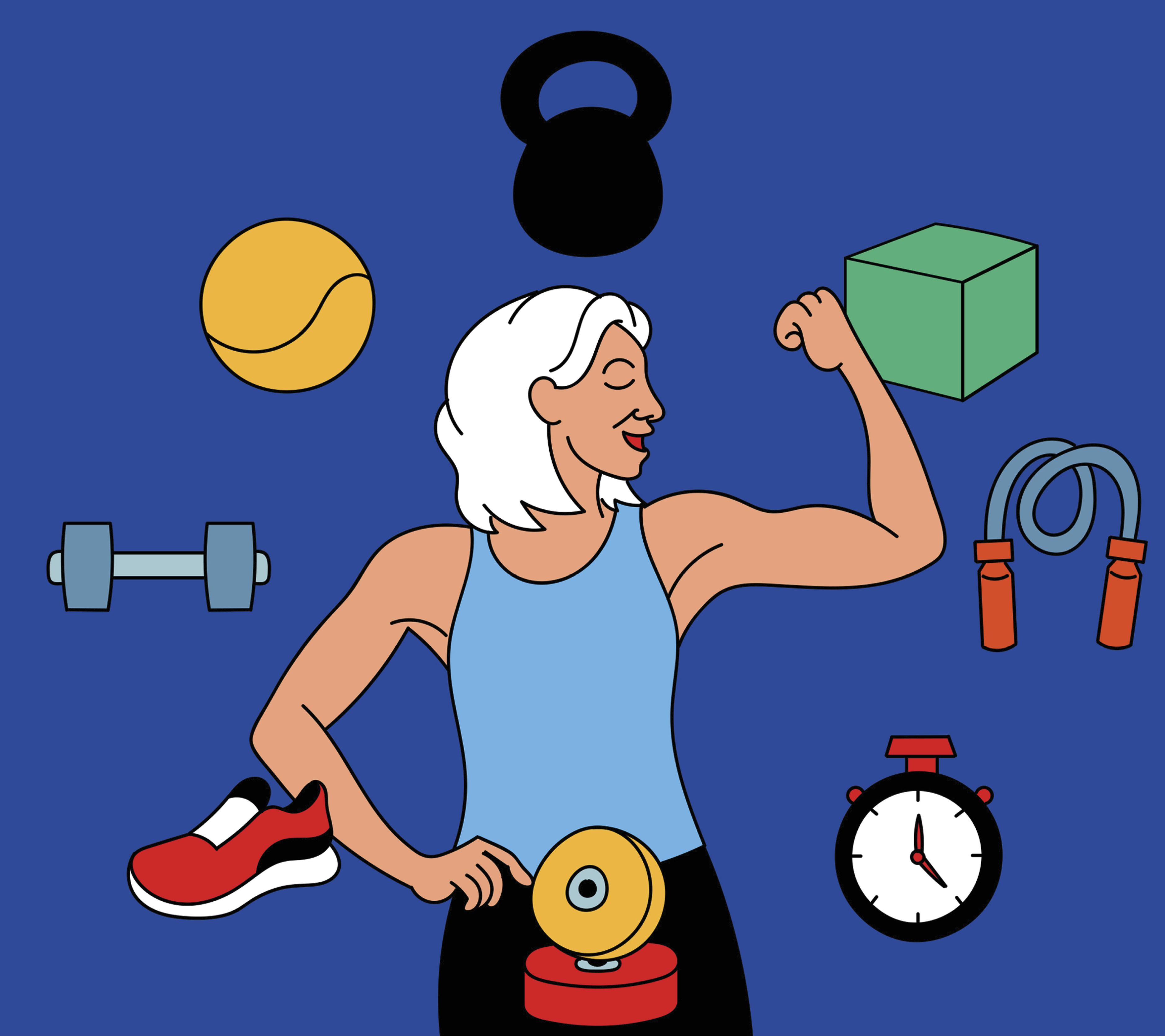 A woman showing off her biceps while she is surrounded with workout gear like kettlebells, shoes, timers, ropes and dumbbells&nbsp;