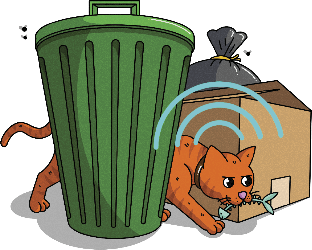 Illustration of an orange cat behind a green trash can holding a fish in its mouth&nbsp;