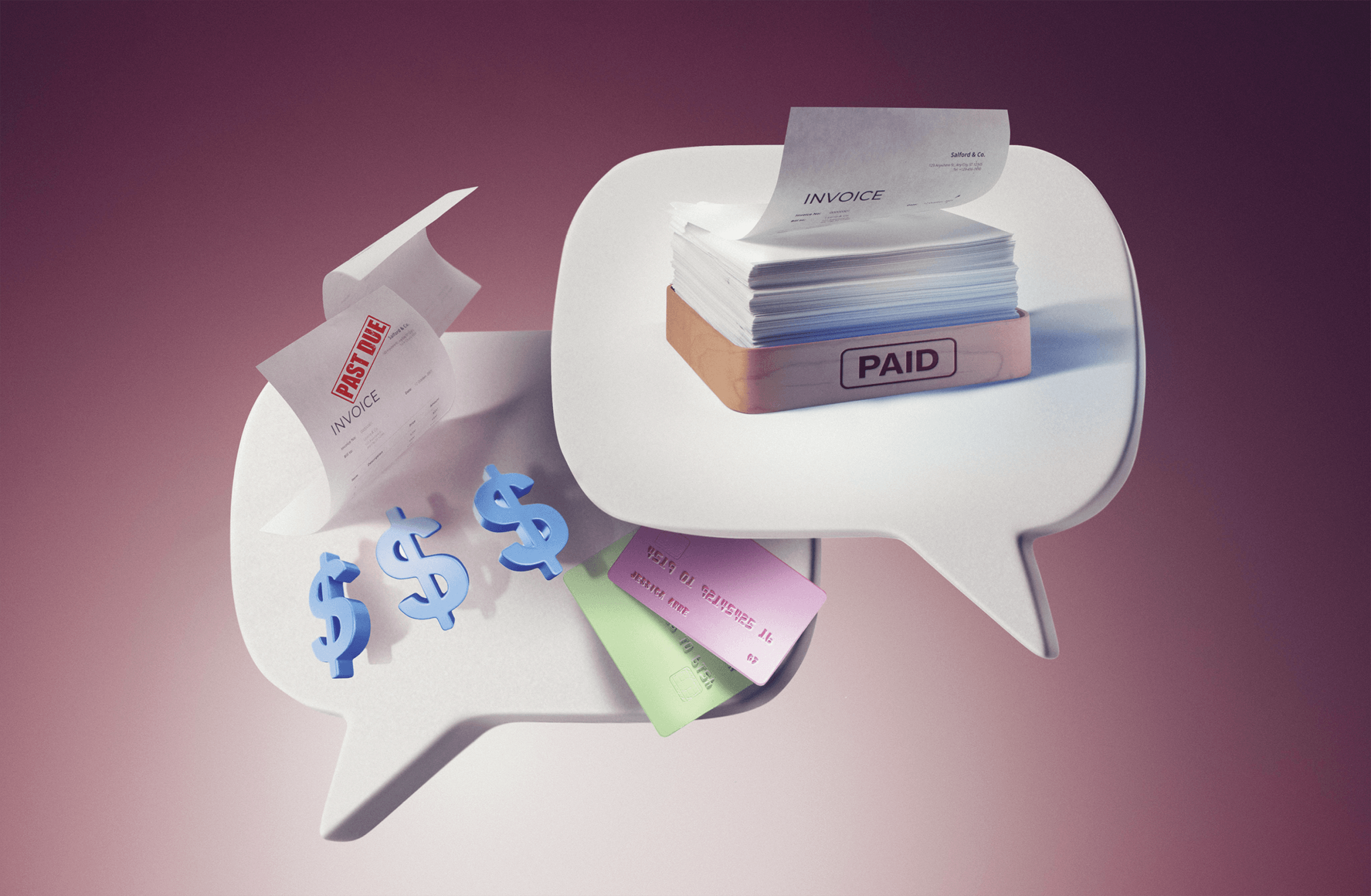 Two speech bubbles, one with a stack of paid invoices and the other with dollar signs, credit cards and a stack of past due bills&nbsp;