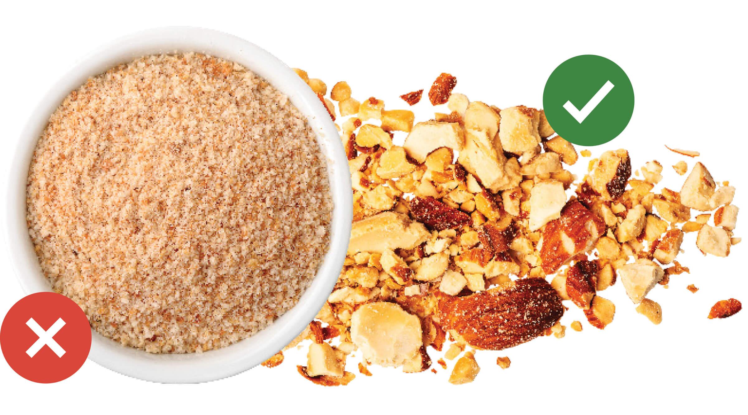 Ground nuts with a green tick mark on it, next to breadcrumbs with a red cross