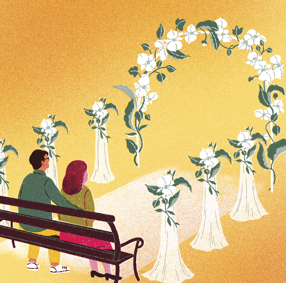 Illustration of a couple sitting on a park bench looking at a wedding aisle&nbsp;