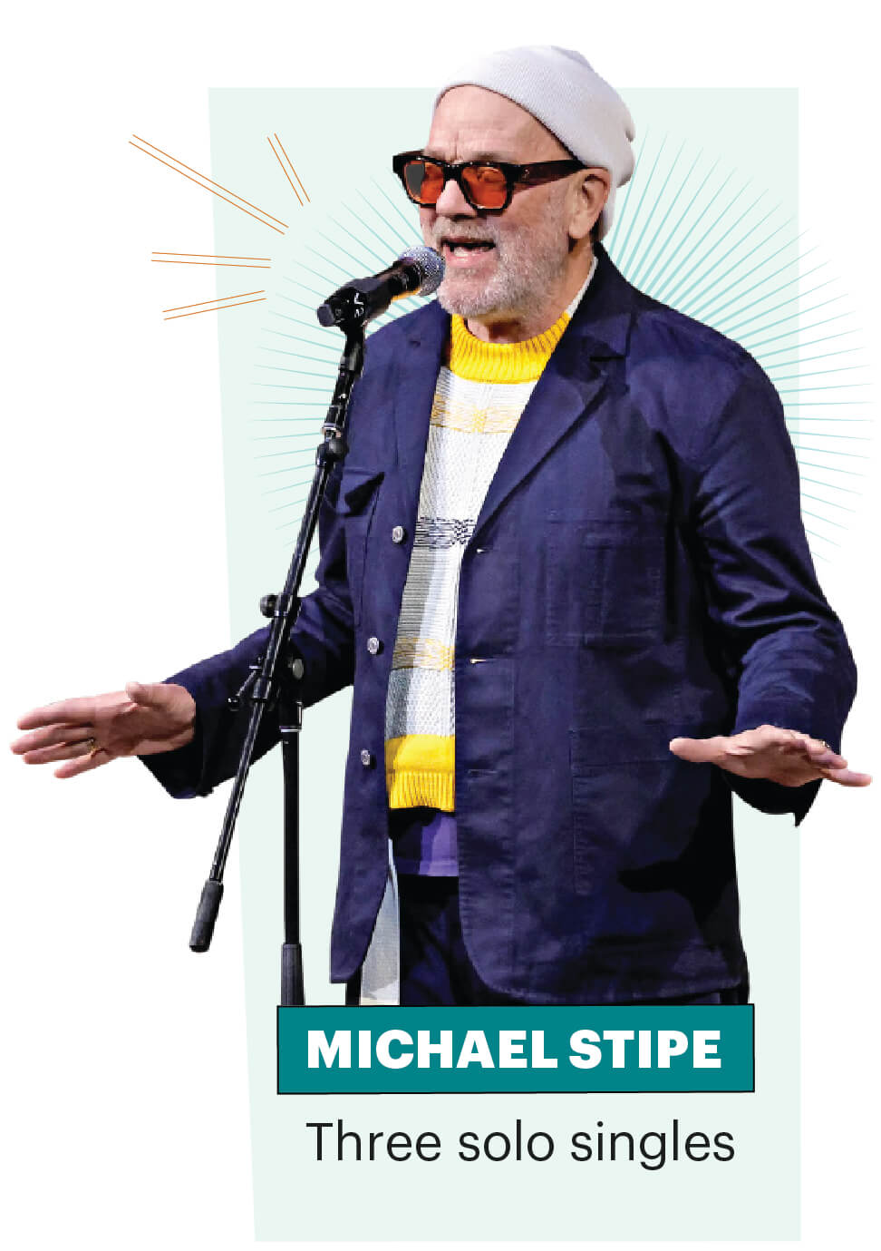 Image of Michael Stripe singing with the text Three solo singles written below