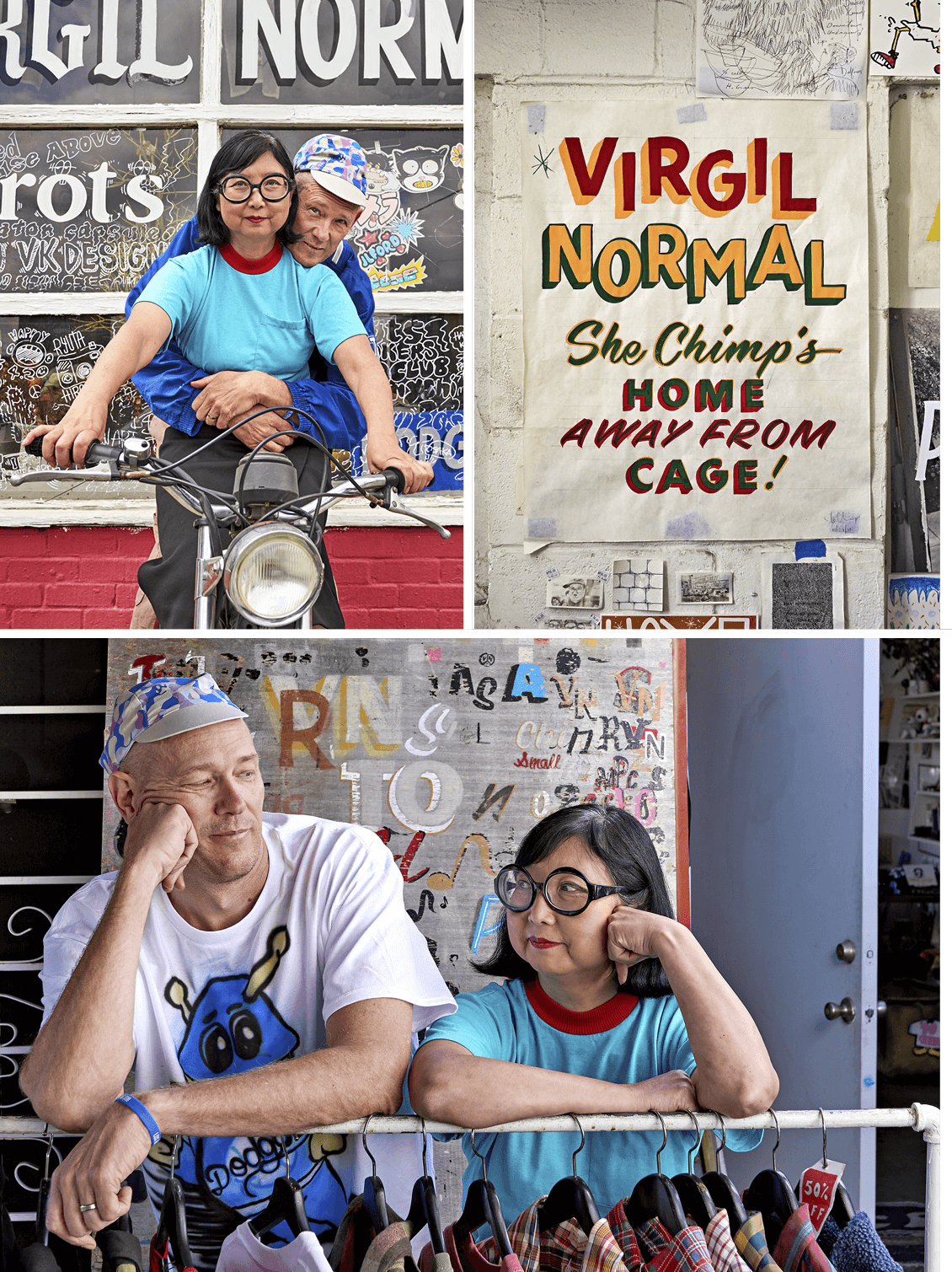 A woman sitting on a bike while a man sits behind her with his arms around her waist; A white wall with a handmade poster on it that says Virgil Normal, She Chimp’s Home Away From Cage!; A woman and a man leaning on a clothing rack looking at each other