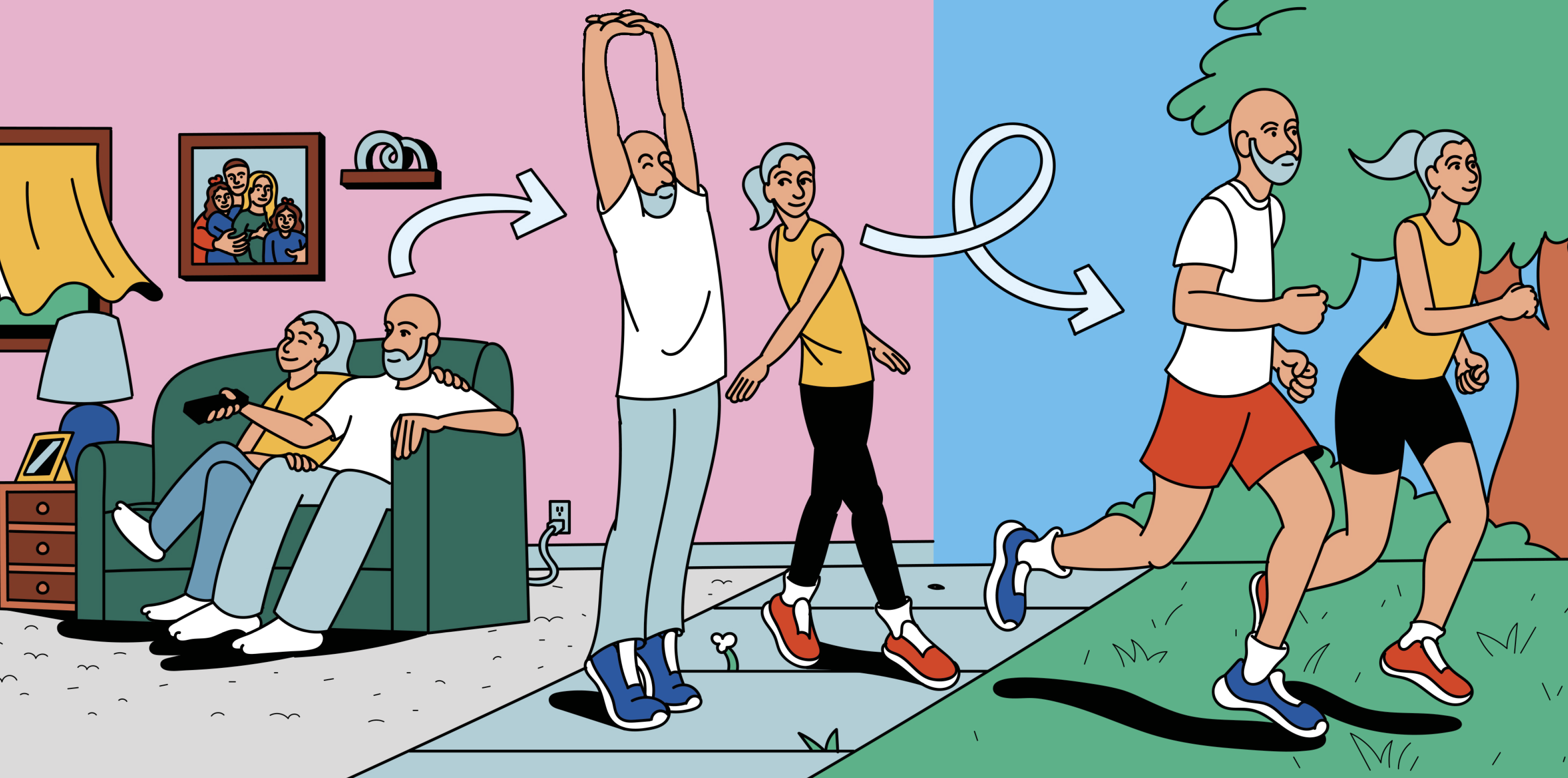 Illustration of an older couple going from sitting on the couch watching TV to stretching and then going for a run.