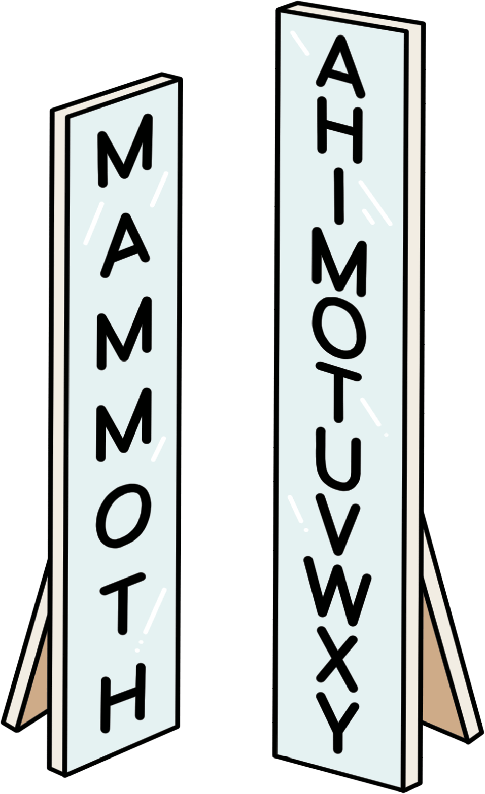 Illustration of a mirror with the word MAMMOTH written in it next to an illustration of a mirror with the letters AHIMOTUVWXY