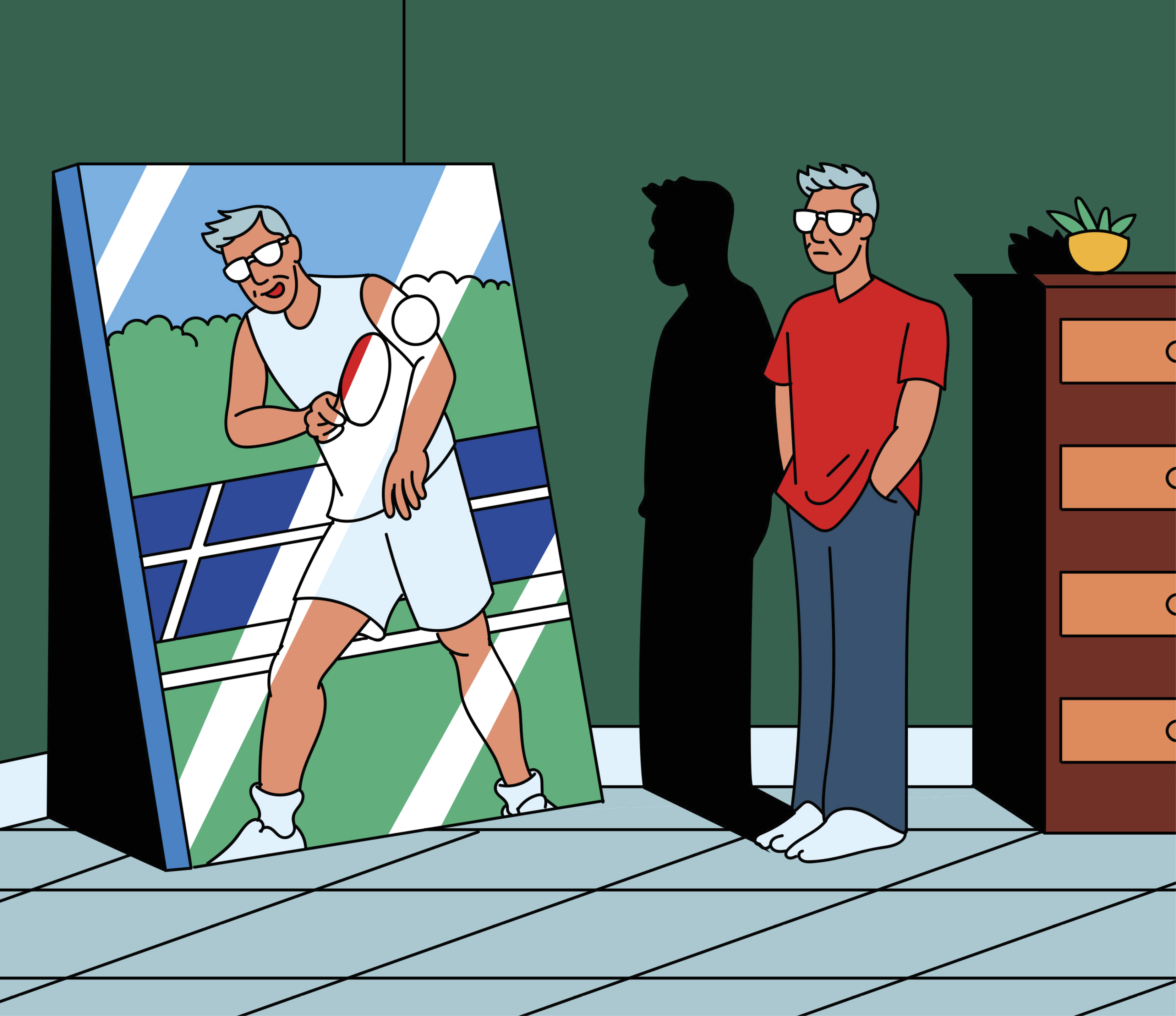 An older man standing and looking at his reflection in the mirror, playing a sport&nbsp;