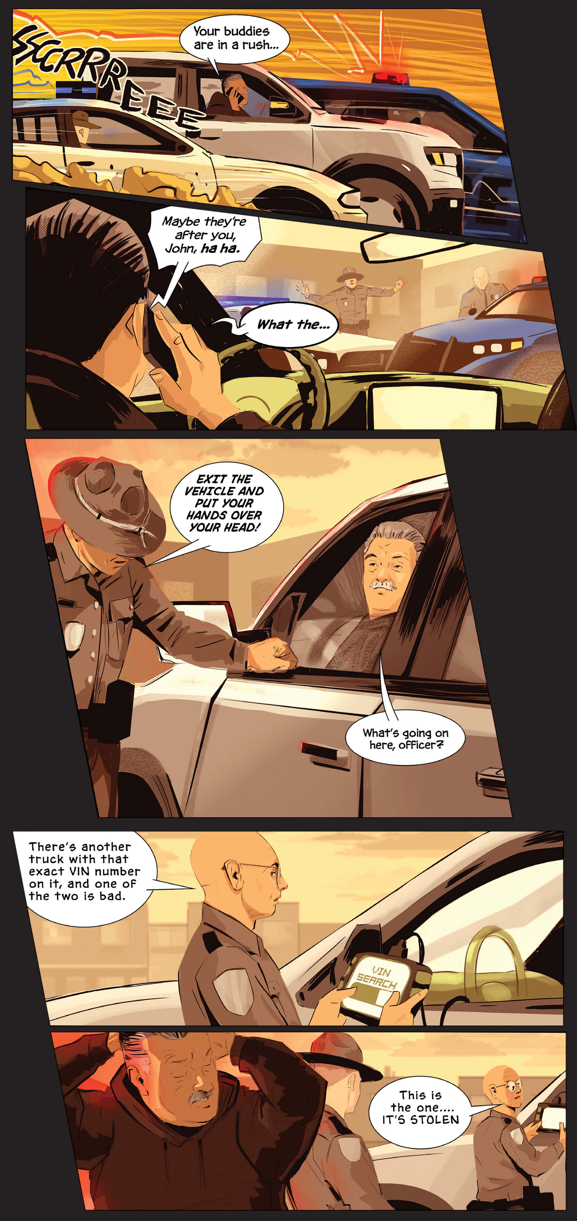 Illustration of a comic trip of a person driving his truck only to be stopped by the police. The police inform him that the truck he is driving has the same VIN number as another truce, which means one of the two is stolen.&nbsp;