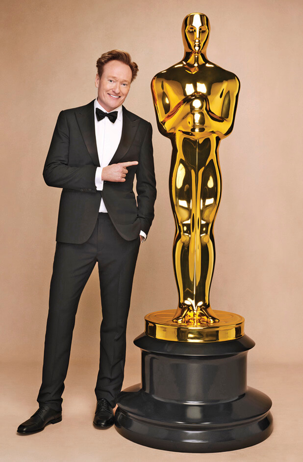 Conan O’Brien standing in front of a life size model for The 98th Academy Awards&nbsp;