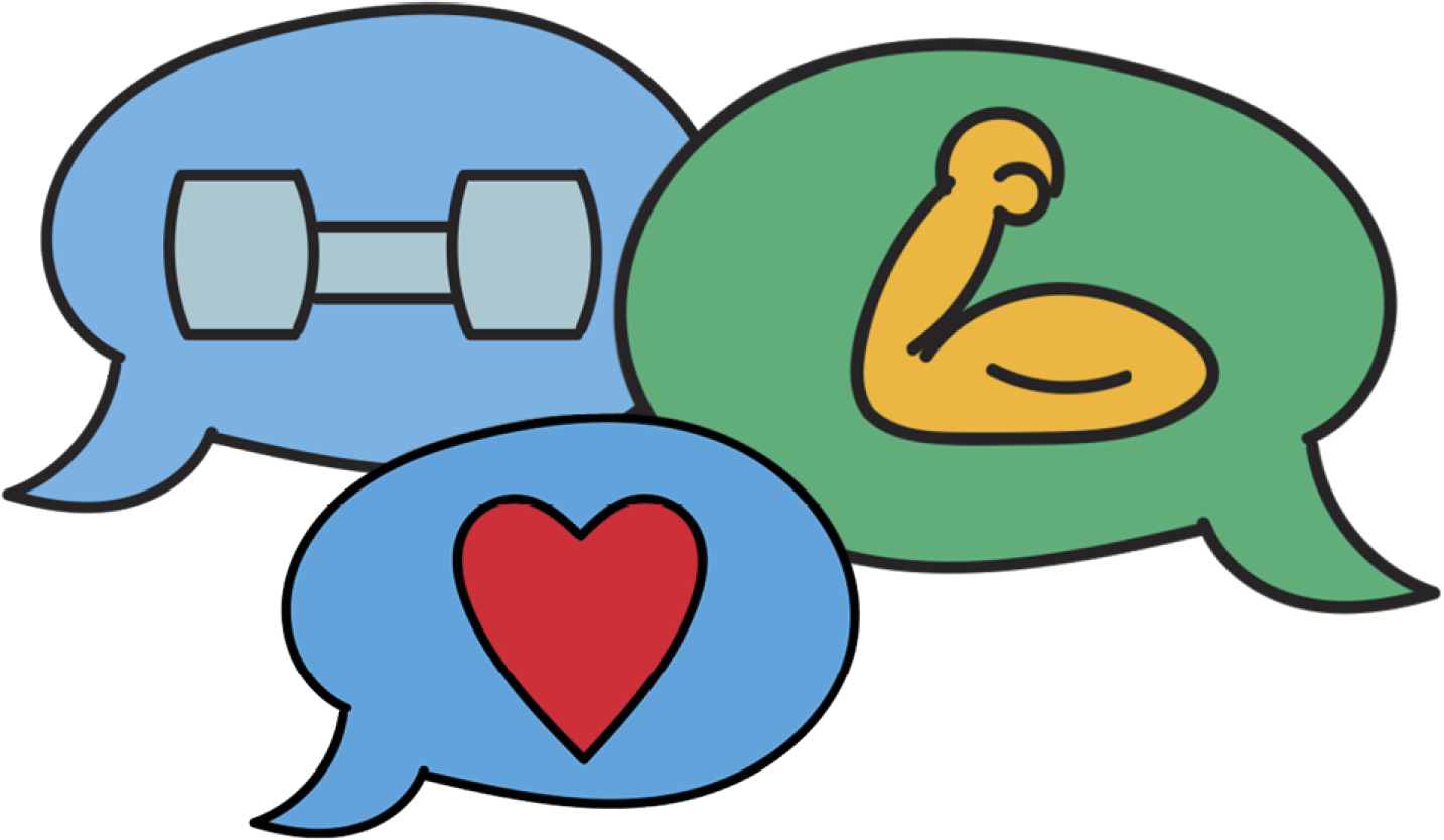 Speech bubbles with dumbbells, biceps and a heart in it
