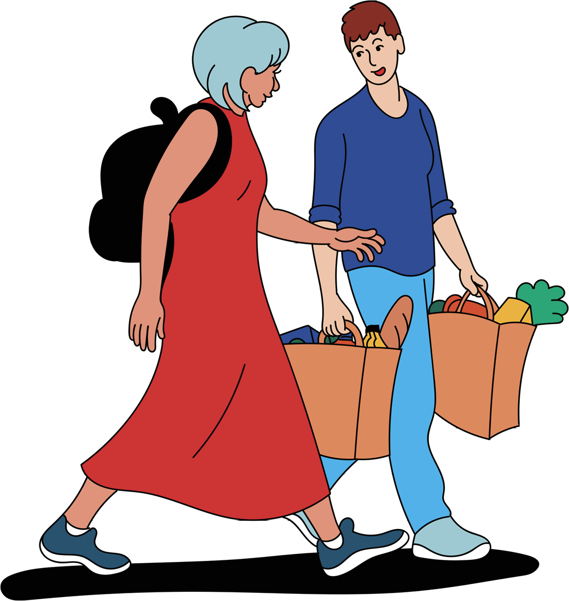 A woman wearing a heavy backpack and a man holding grocery bags and going for a walk&nbsp;