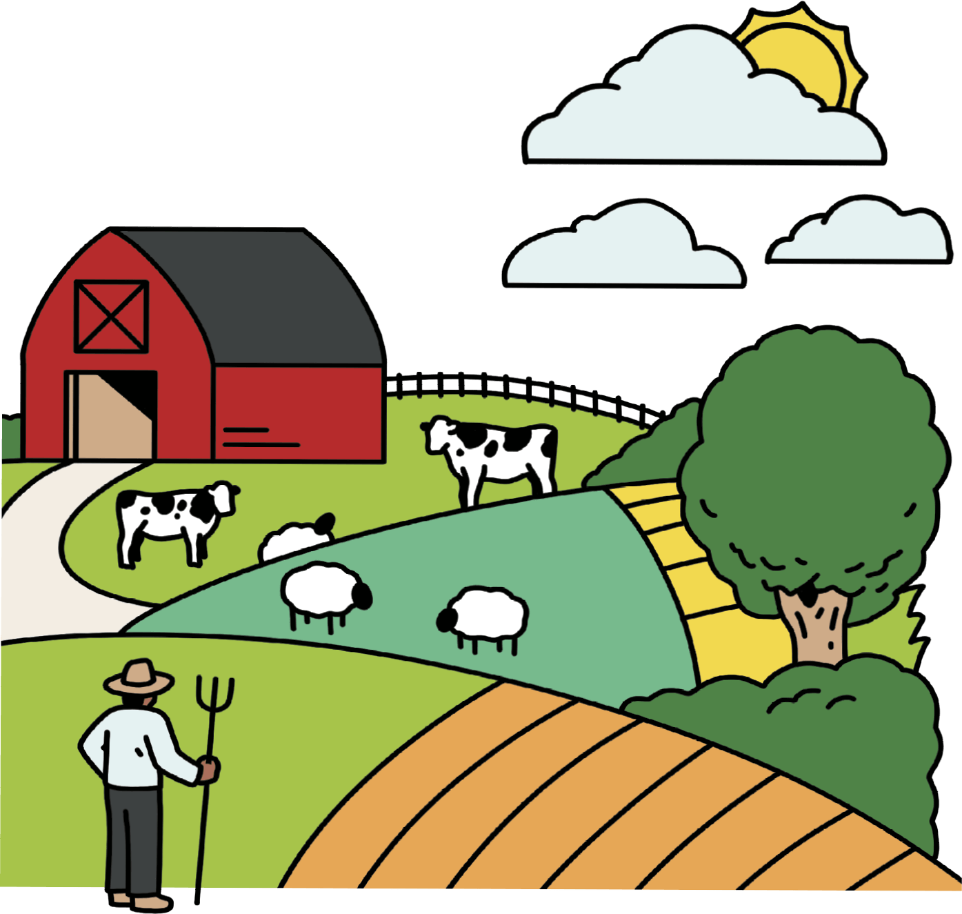 Illustration of a farm with a barn, a farmer and several farm animals around&nbsp;