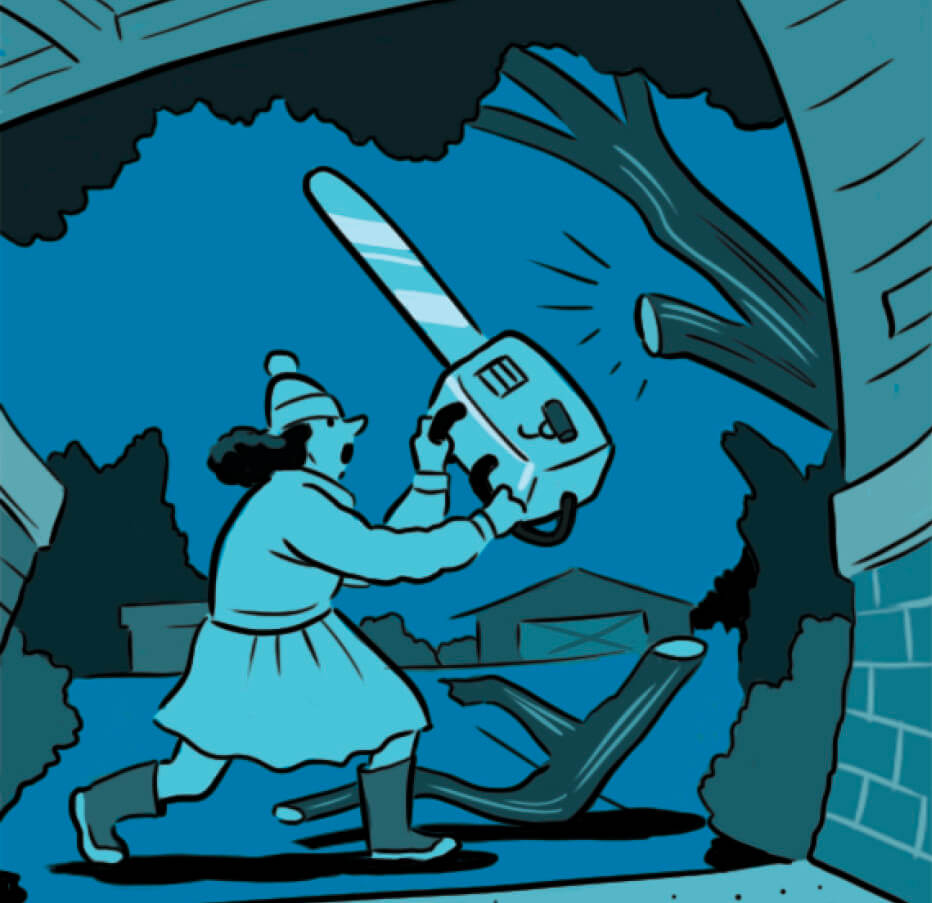Illustration of a person holding an electric saw and running towards a tree&nbsp;
