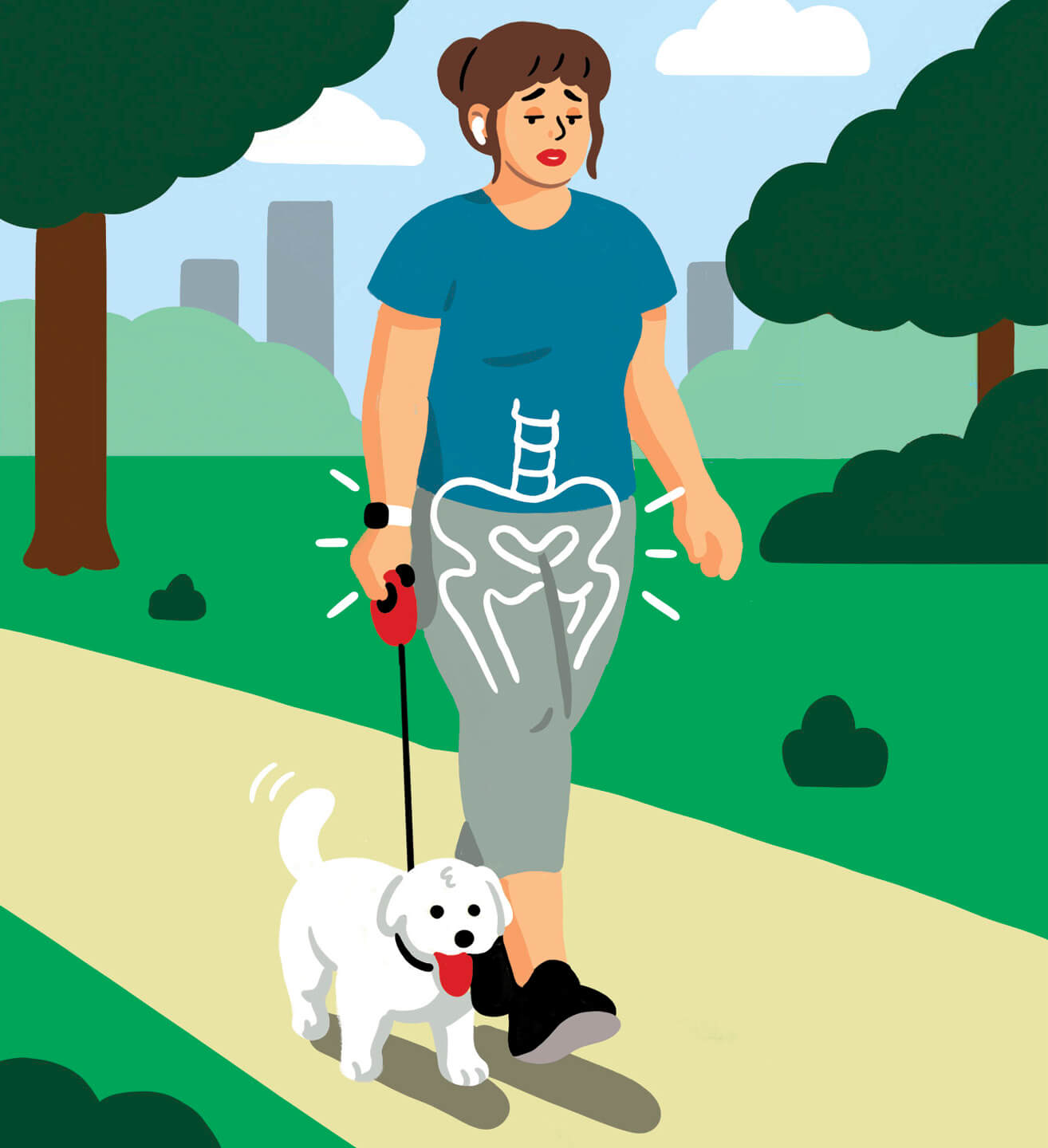 Illustration of a woman walking her dog in the park looking like she’s in pain. There is a line drawing of her hips with pain lines emanating from it.