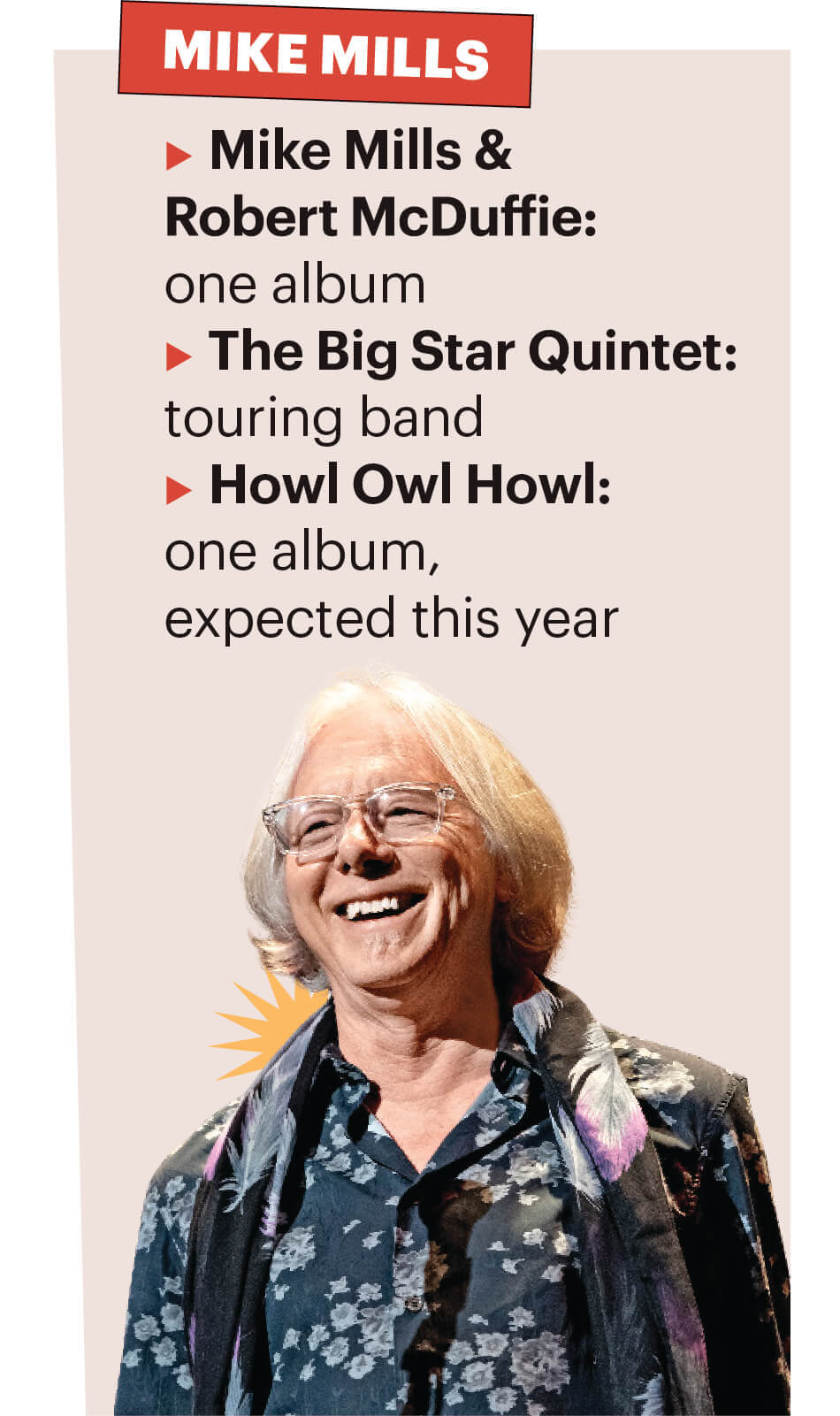 Image of Mike Mills smiling with a list of his three albums