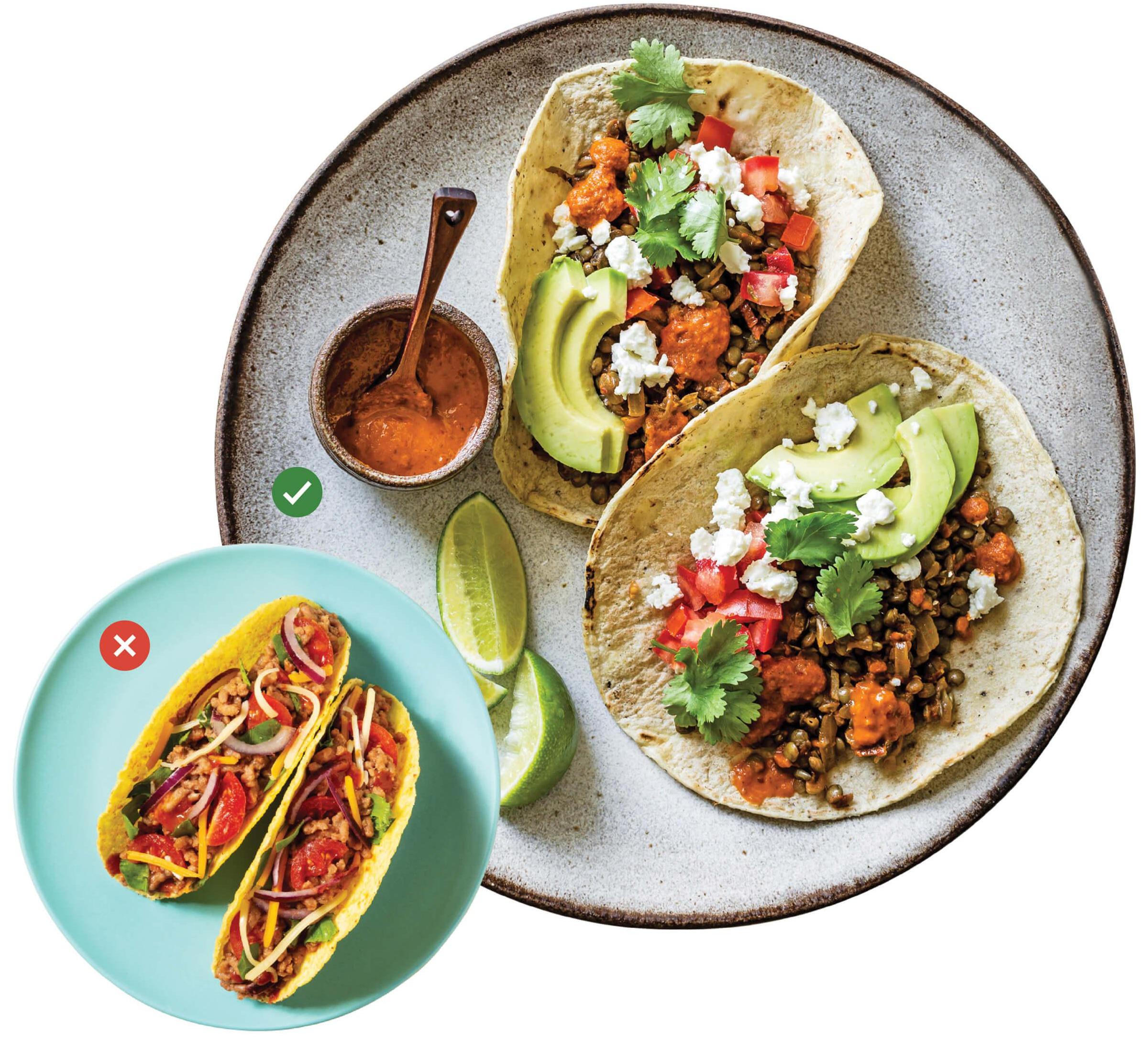 Plate of lentil tacos with a green tick mark on it, next to a plate of beef tacos with a red cross mark.&nbsp;