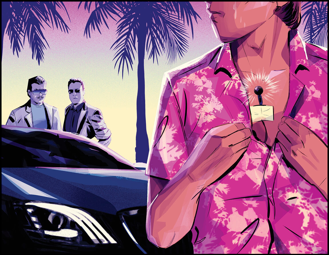 Illustration of a man wearing a wire under his shirt while two men behind him are standing suspiciously.