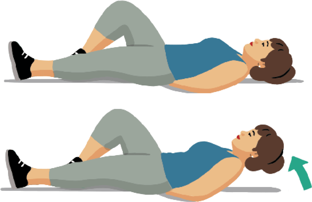 Woman lying on her back with her legs bent and feet flat on the ground