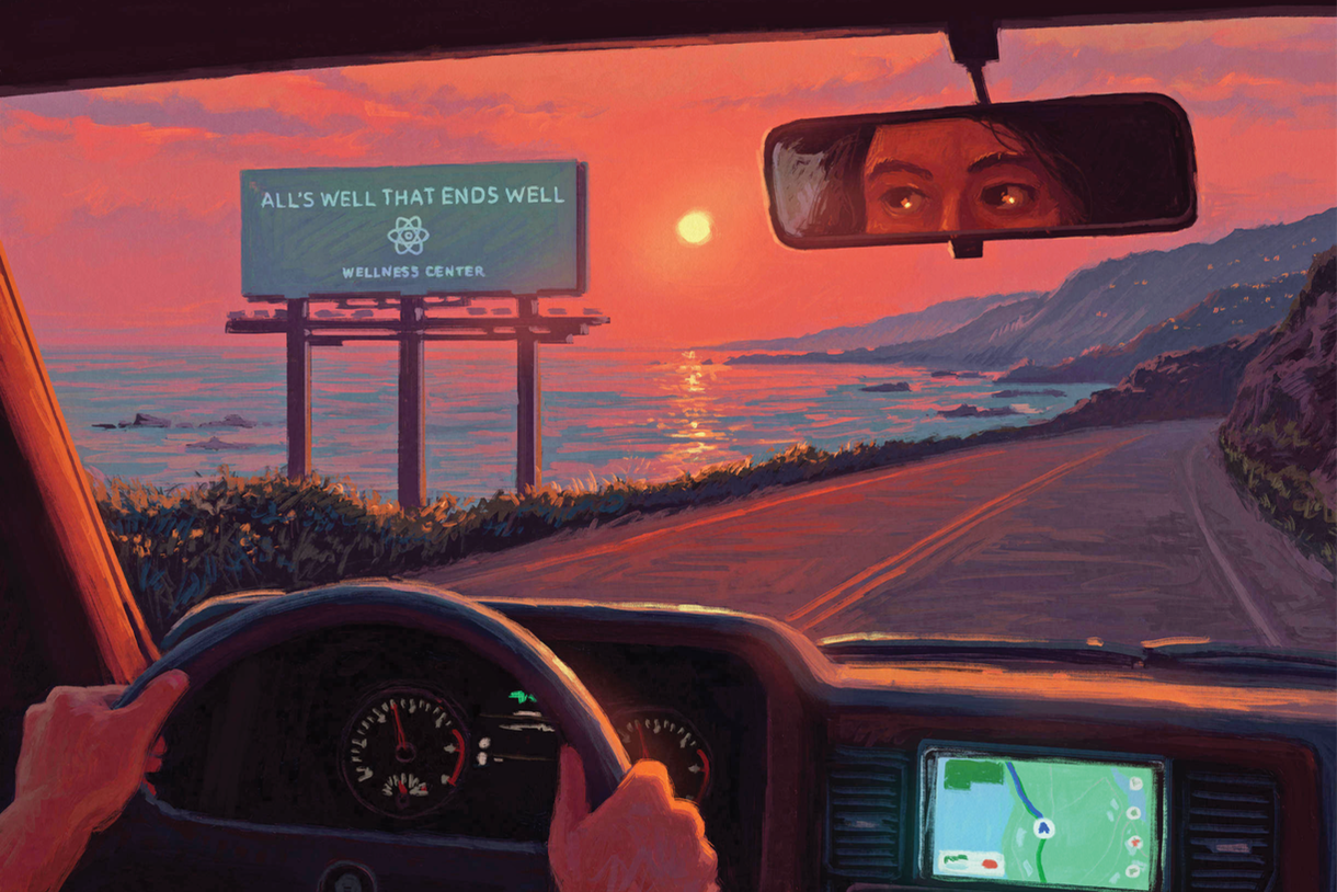 Illustration of a woman driving her car, headed towards All’s Well That Ends Well Wellness Center.&nbsp;