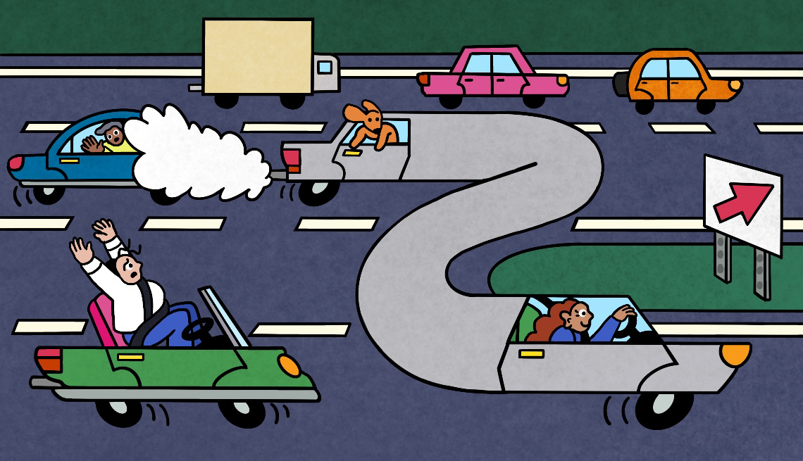Illustration of several cars on the road driving in their lane. There is one car in the middle that cuts its lane at the last minute to make the exit while the other cards behind him throw their hands up in frustration.