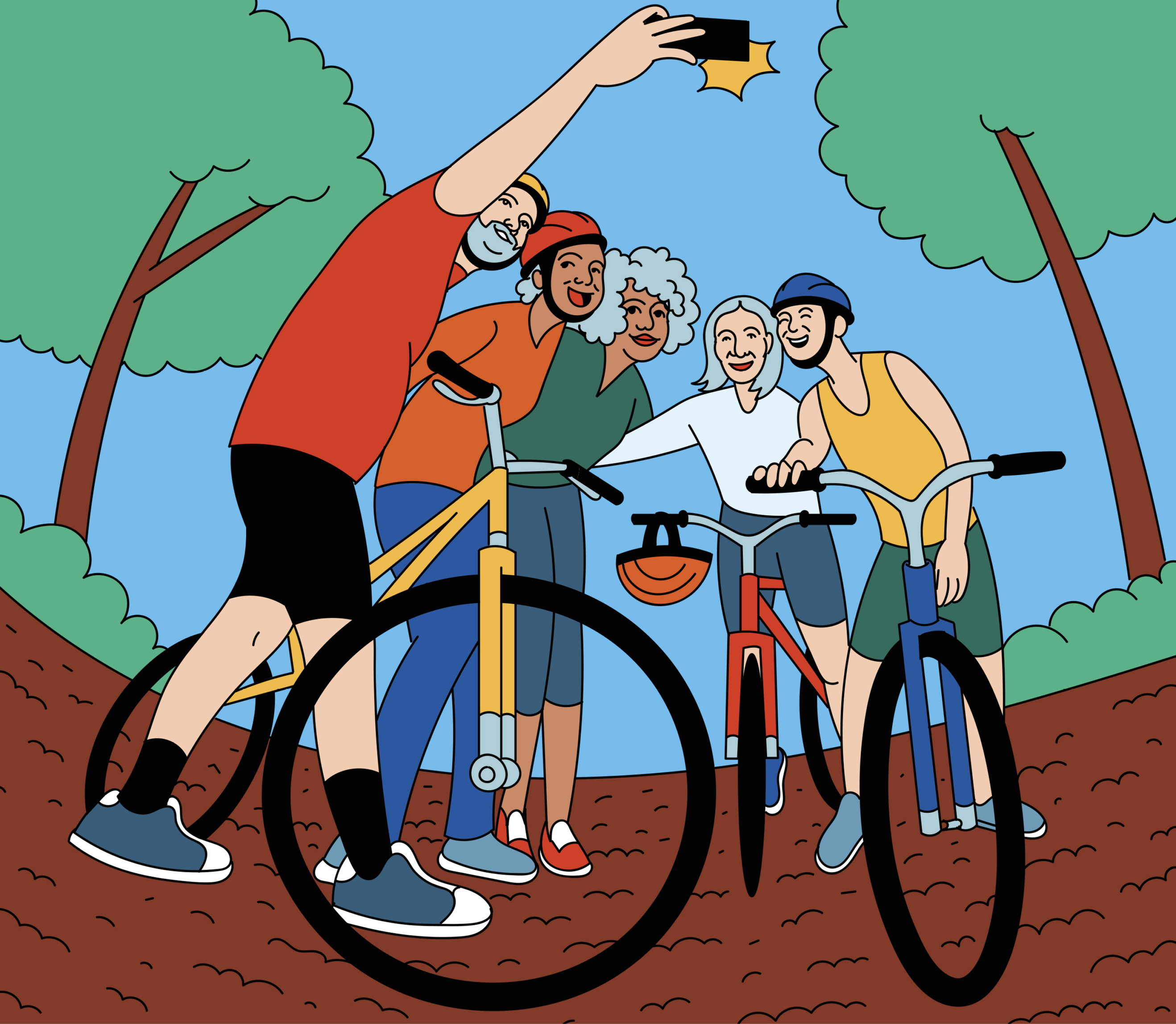 A group of older people stopped to take a selfie during their bike ride