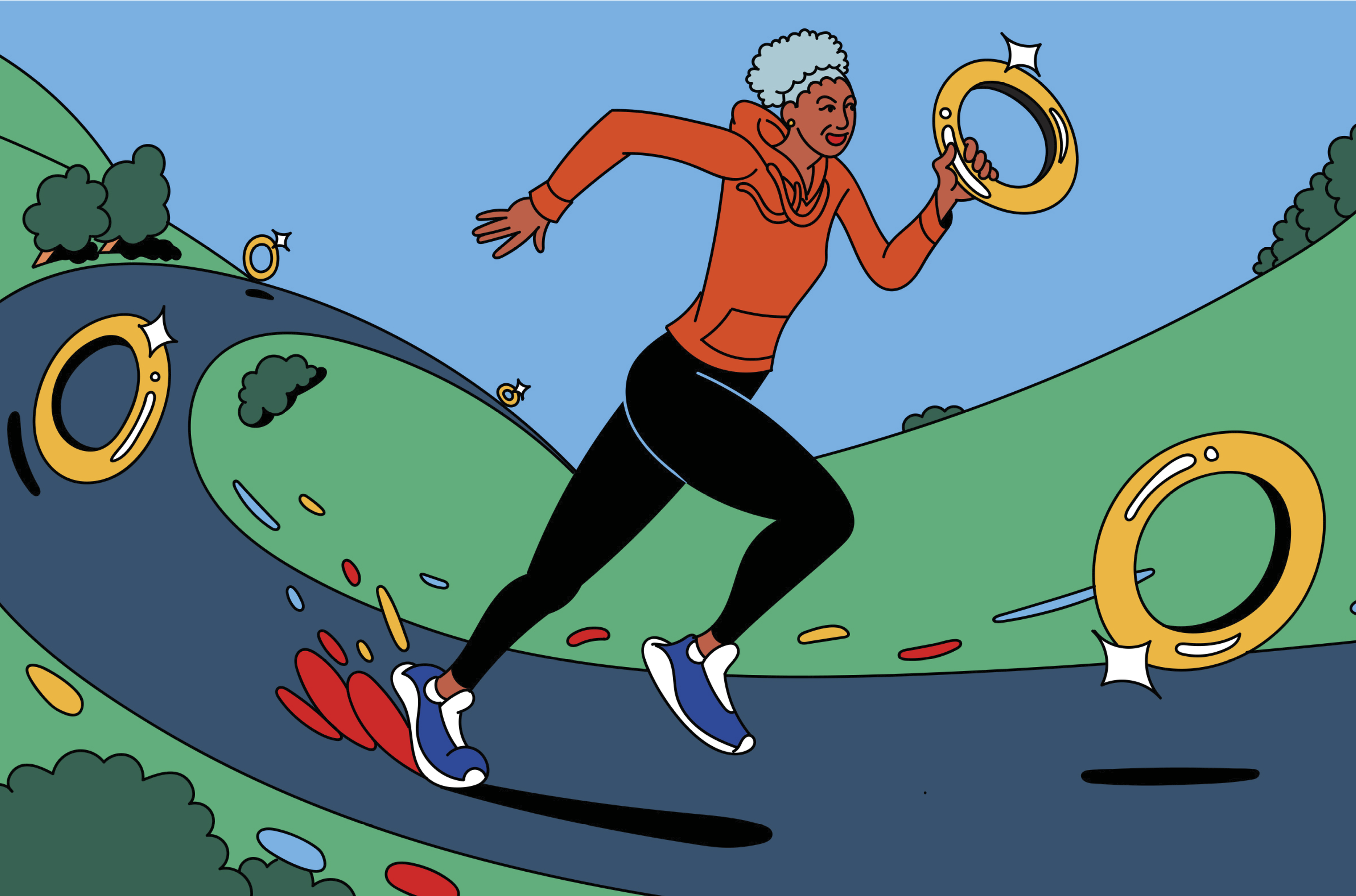 An older woman holding a gold ring and running