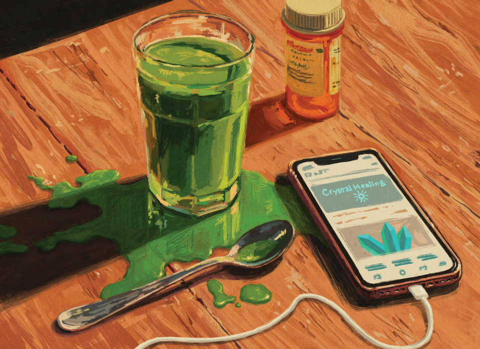 Illustration of a spilt glass of green juice, pills and a phone that has a Crystal Healing app open