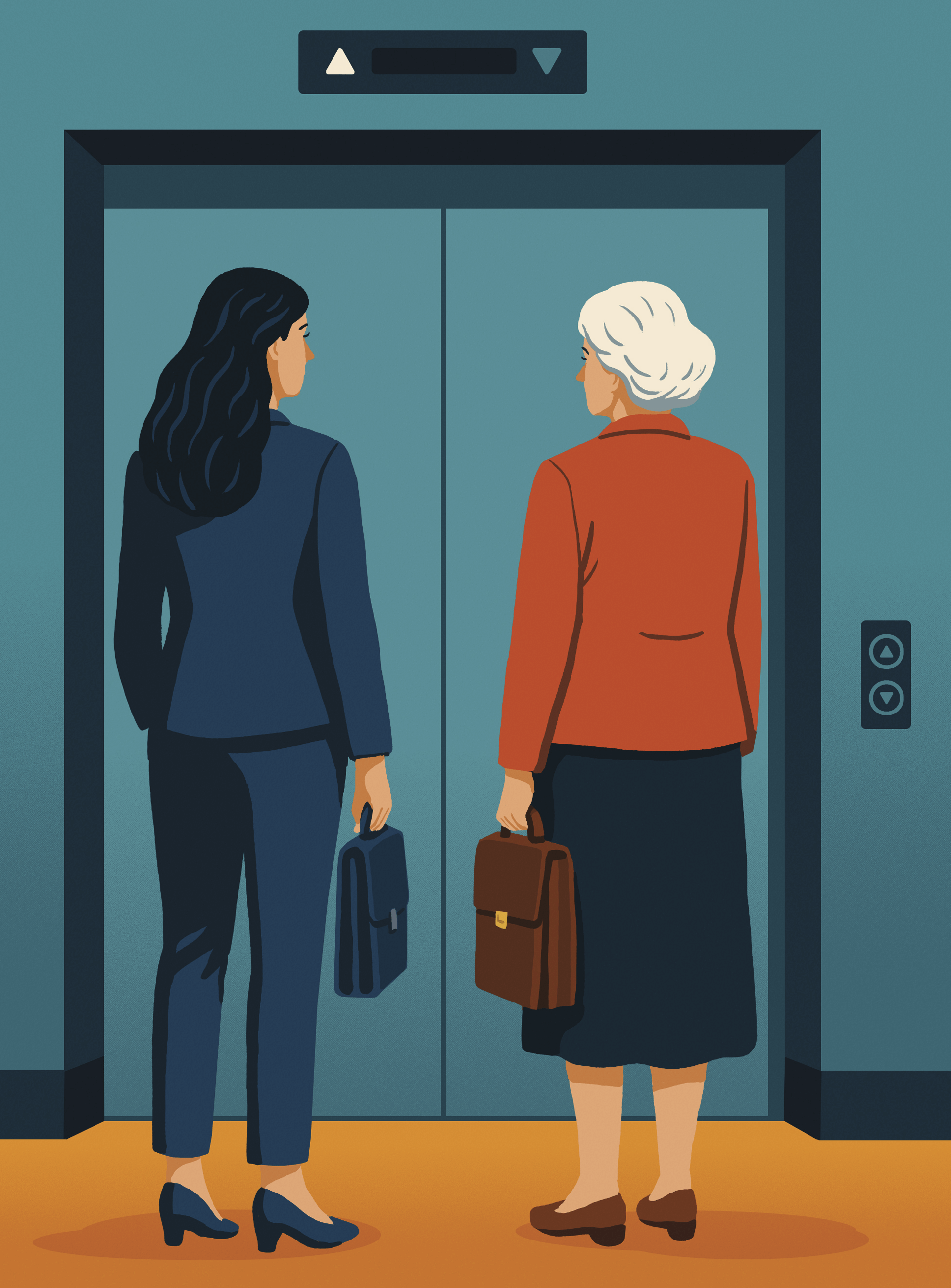 Illustration of 2 woman, one younger and one older waiting for the elevator together&nbsp;