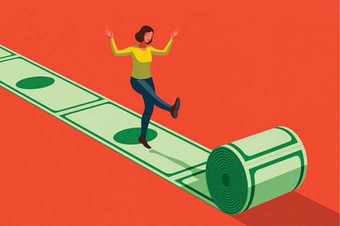 Illustration of a dollar bill rolling out with a woman walking over it happily&nbsp;