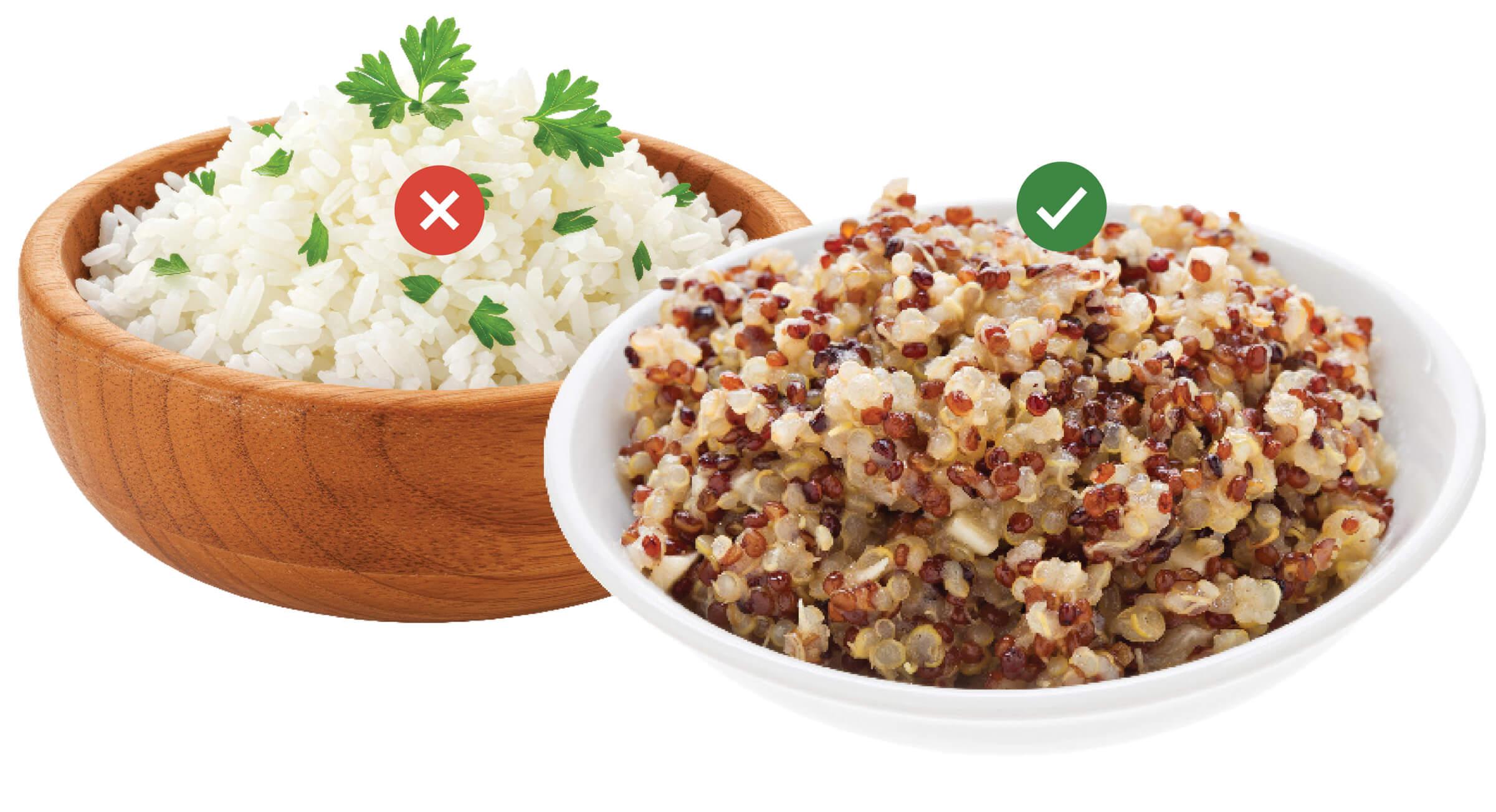 Bowl of white rice with a red cross mark, next to a bowl of quinoa with a green tick&nbsp;