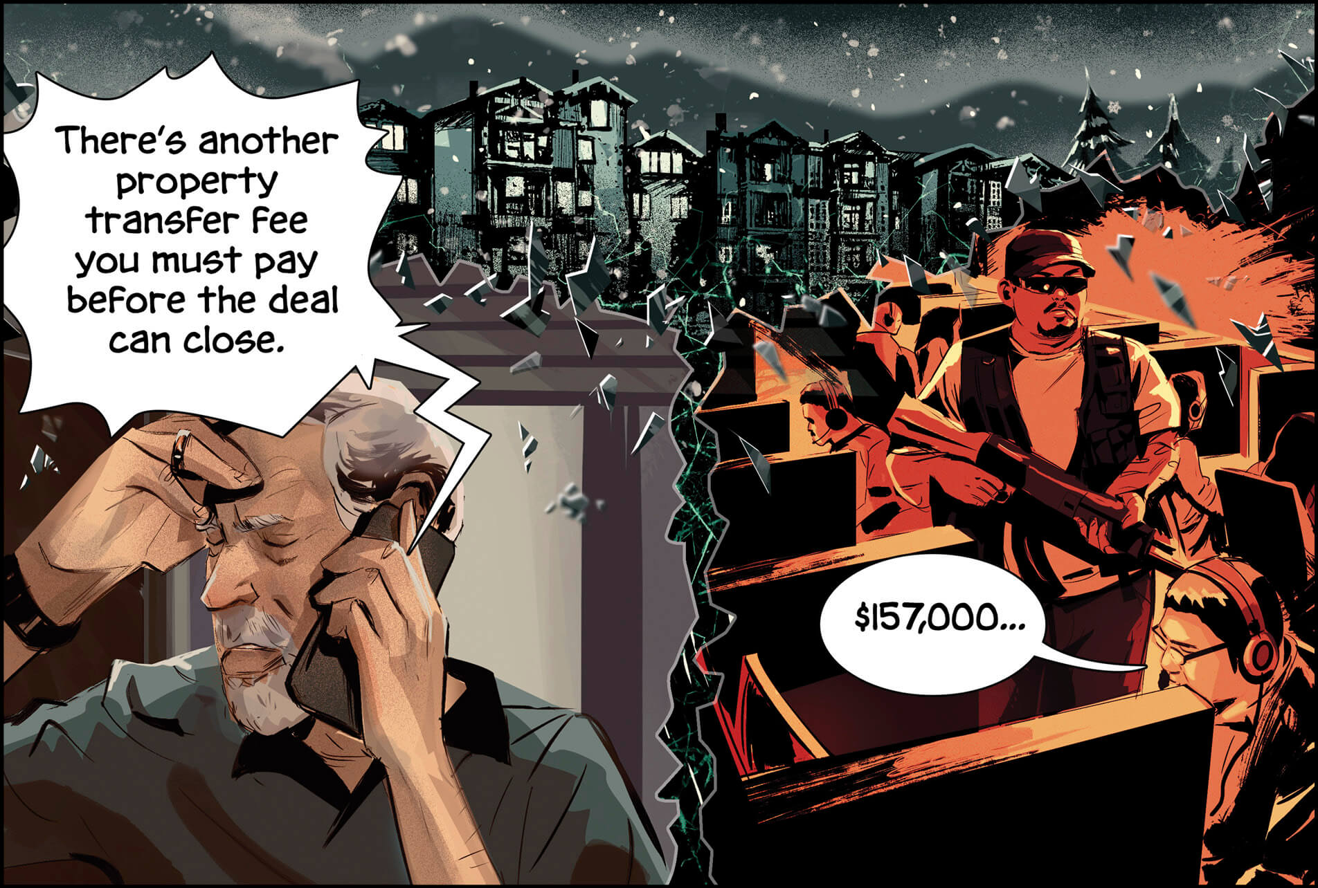 Illustration of an older man talking to someone on the phone, looking extremely worried. The person on the phone is asking him to pay another property transfer fee of $157,000 before the deal is closed.&nbsp;