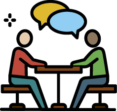 Illustration of two people sitting at a table having a conversation&nbsp;