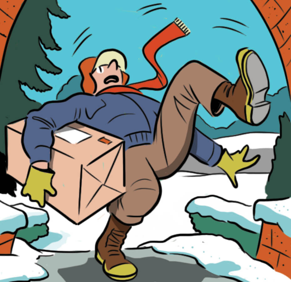 Illustration of a person holding a package while slipping at the front door&nbsp;