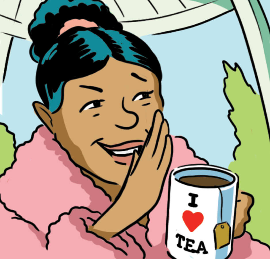 Illustration of a women holding a cup with the text I love tea on it&nbsp;