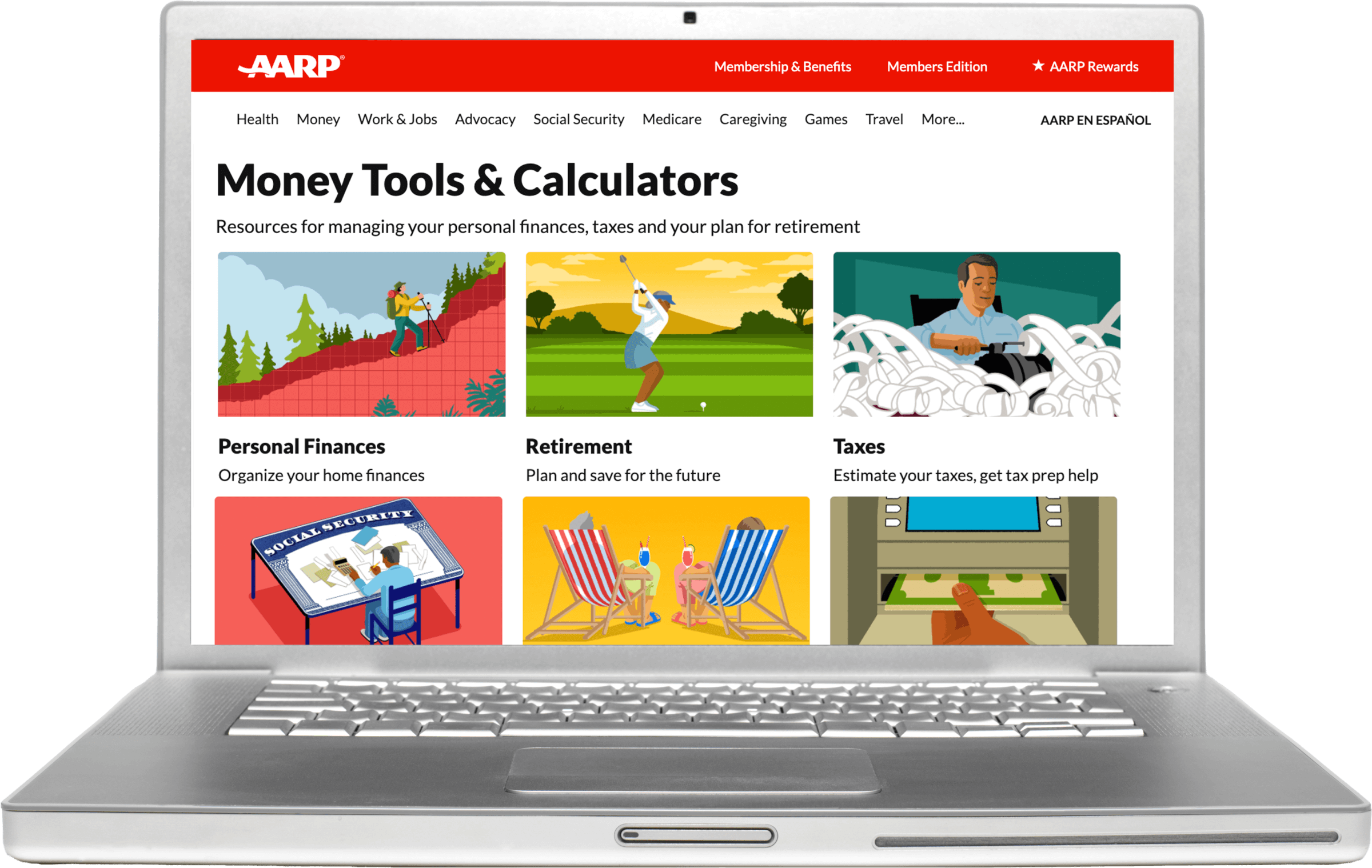 A laptop screen showing a page of the AARP website. The screen shows AARP’s Money Tools and Calculators.