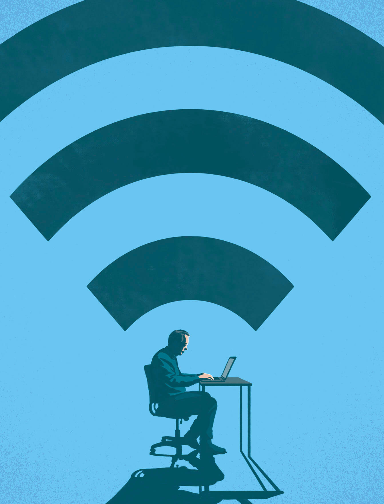 Illustration of a man sitting at a desk with a laptop, hovering over him is a large WiFi symbol