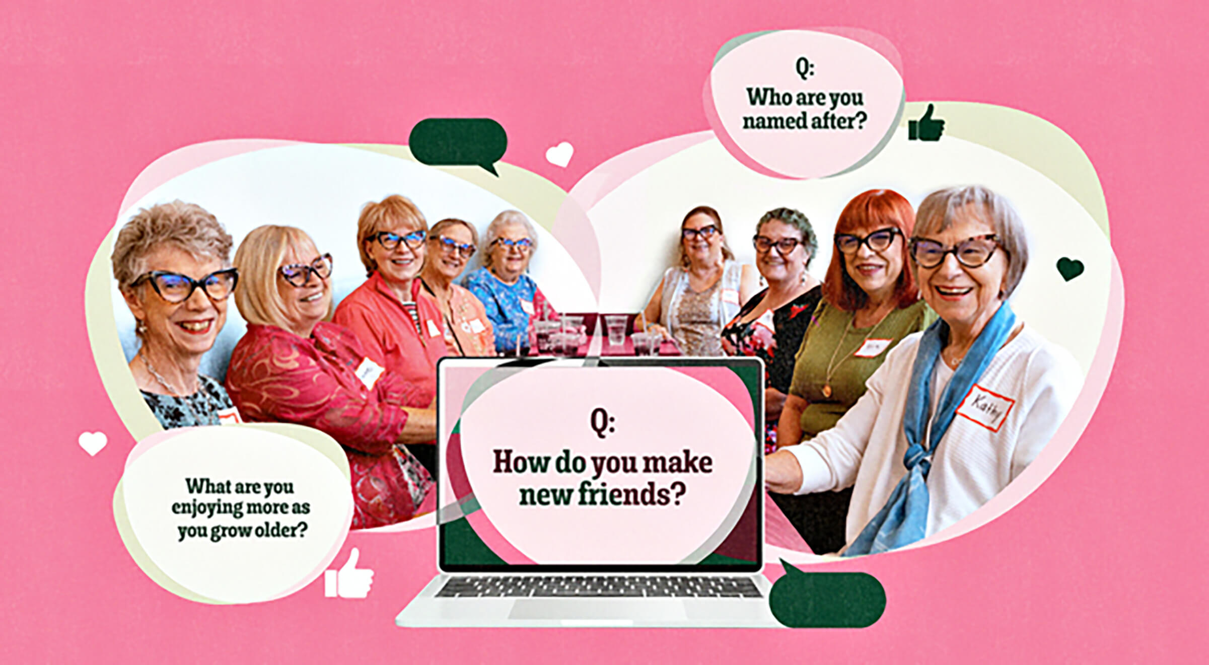 Photo illustration of The Ethel Circle members meetup, featuring photo of group of women smiling and wearing name tags