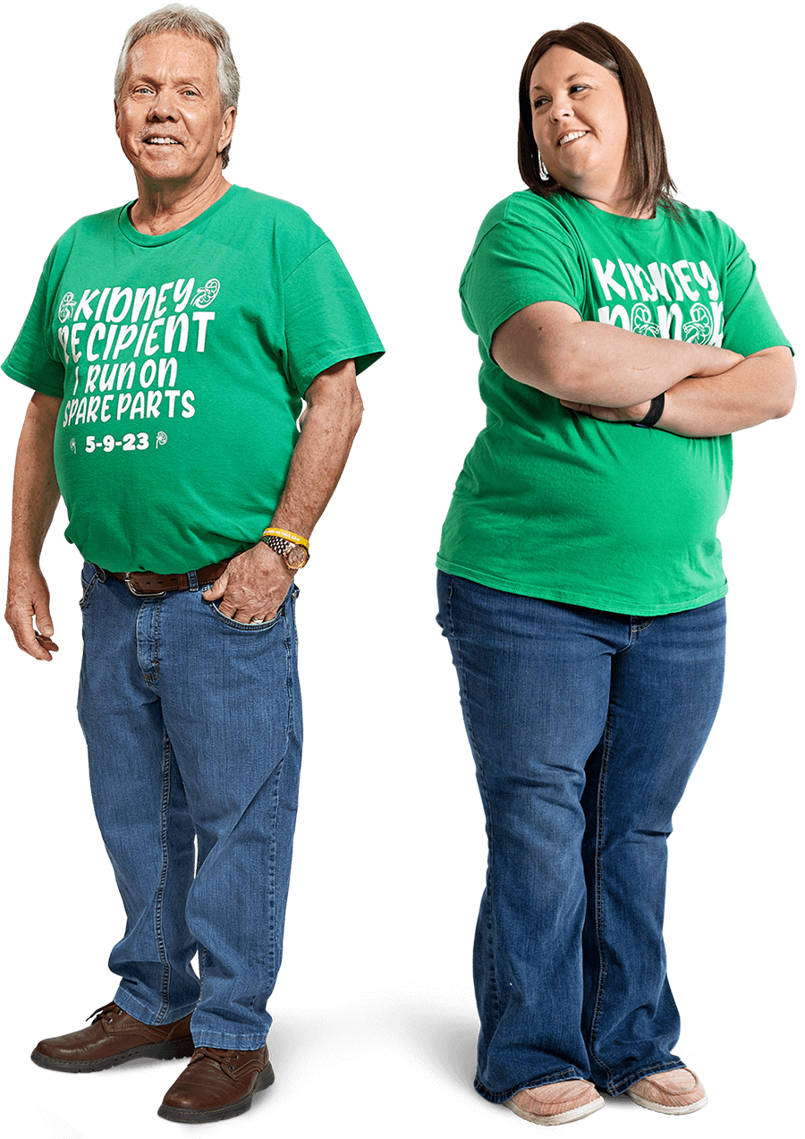 Photo of Dave Polen and Krystal Cable standing next to each other, wearing matching green t-shirts