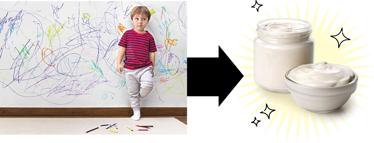 Photo of child standing in front of wall with crayon scribbles, arrow pointing to jar of mayonnaise