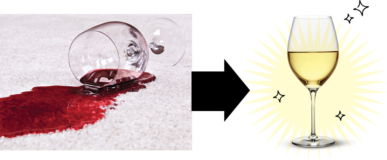 Photo of spilled red wine glass, arrow pointing to glass of white wine