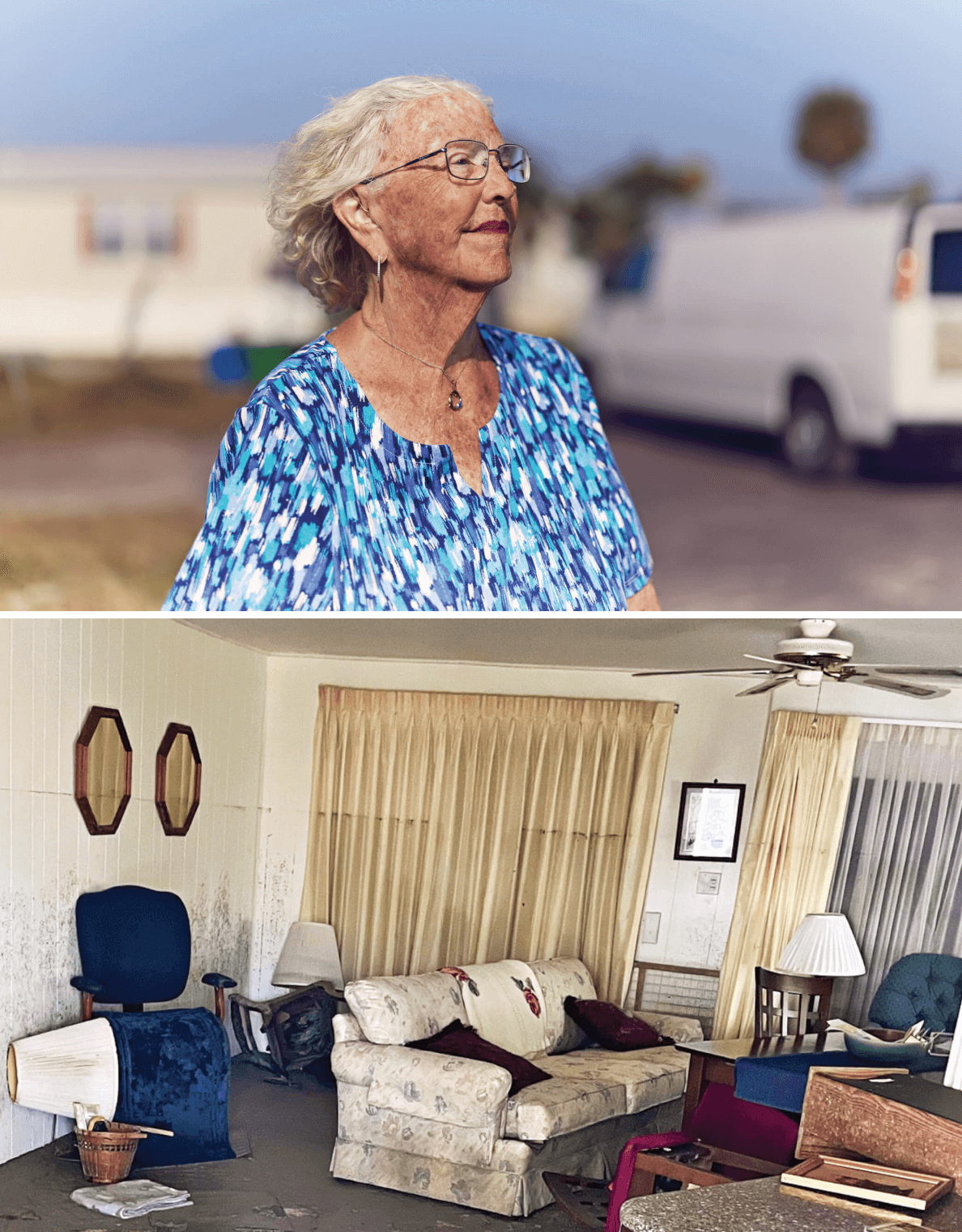 Portrait photo of Martha Shaw. Photo of Shaw's living room after Hurricane Ian