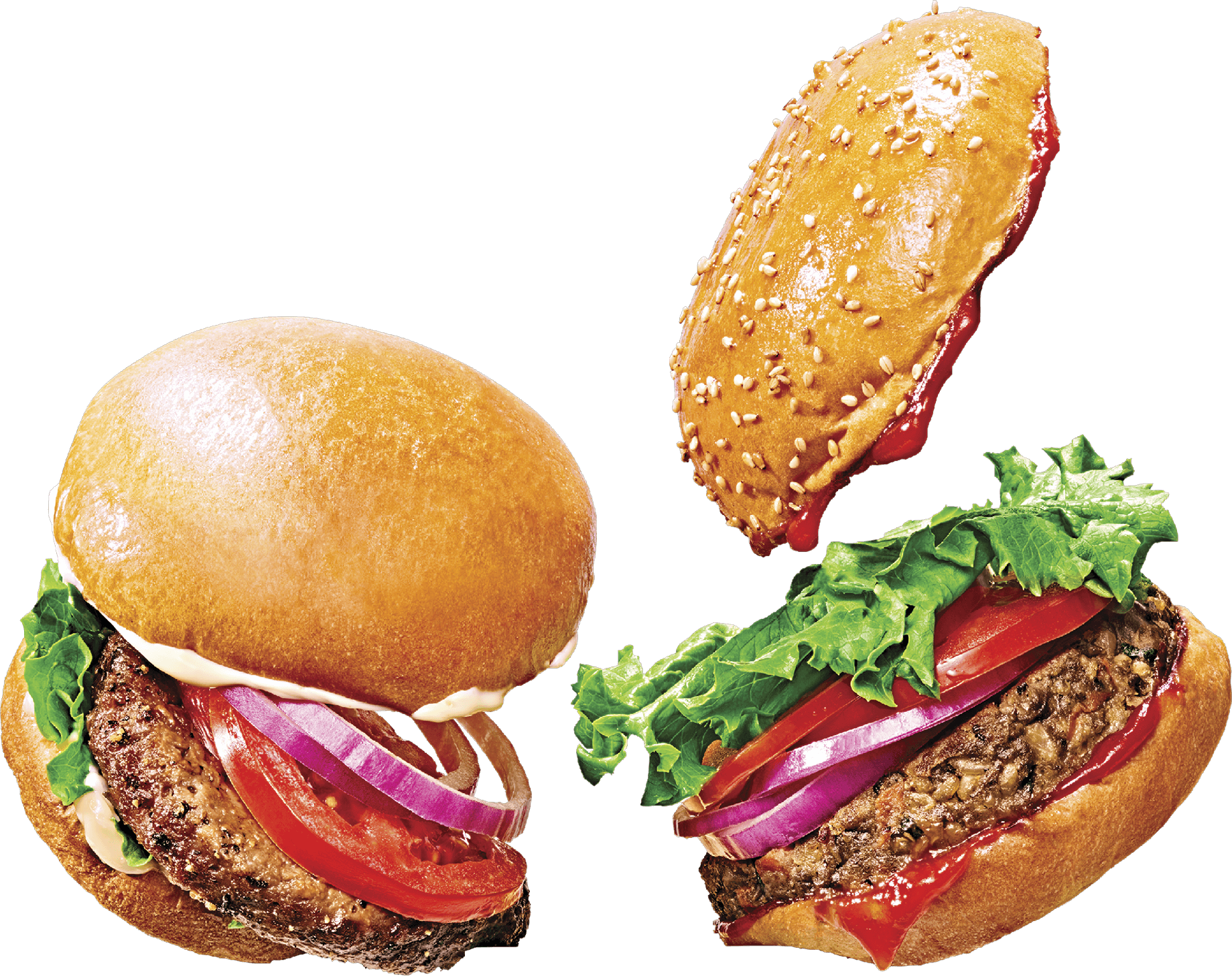 Photo of a veggie burger on a bun with toppings next to an impossible burger on a bun with toppings