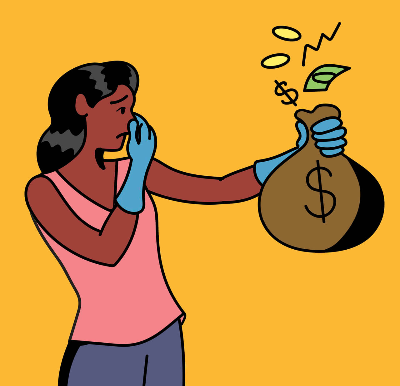 Illustration of woman holding bag of money away from her face, pinching her nose as if the bag smells bad