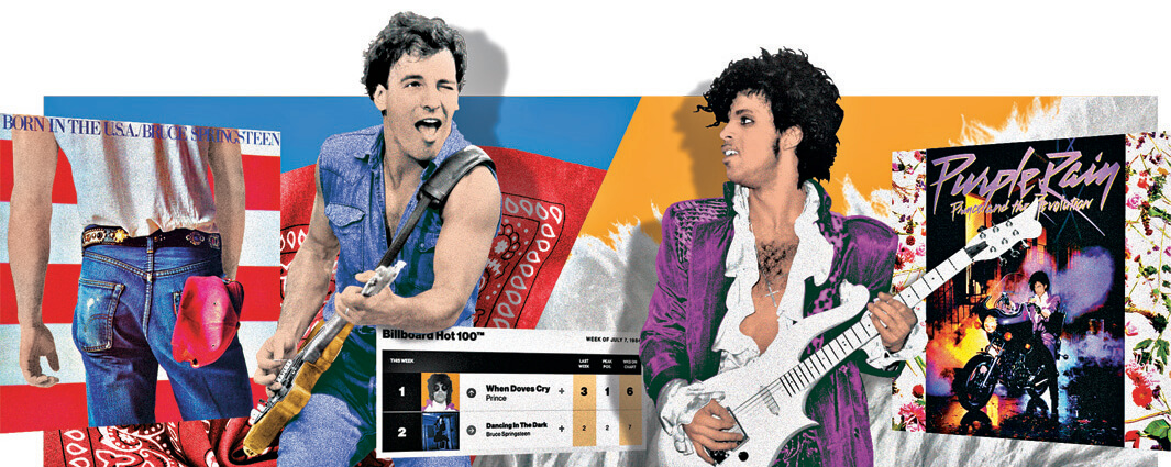 Colorful photo collage of Bruce Springsteen and Prince facing each other, both are playing guitar