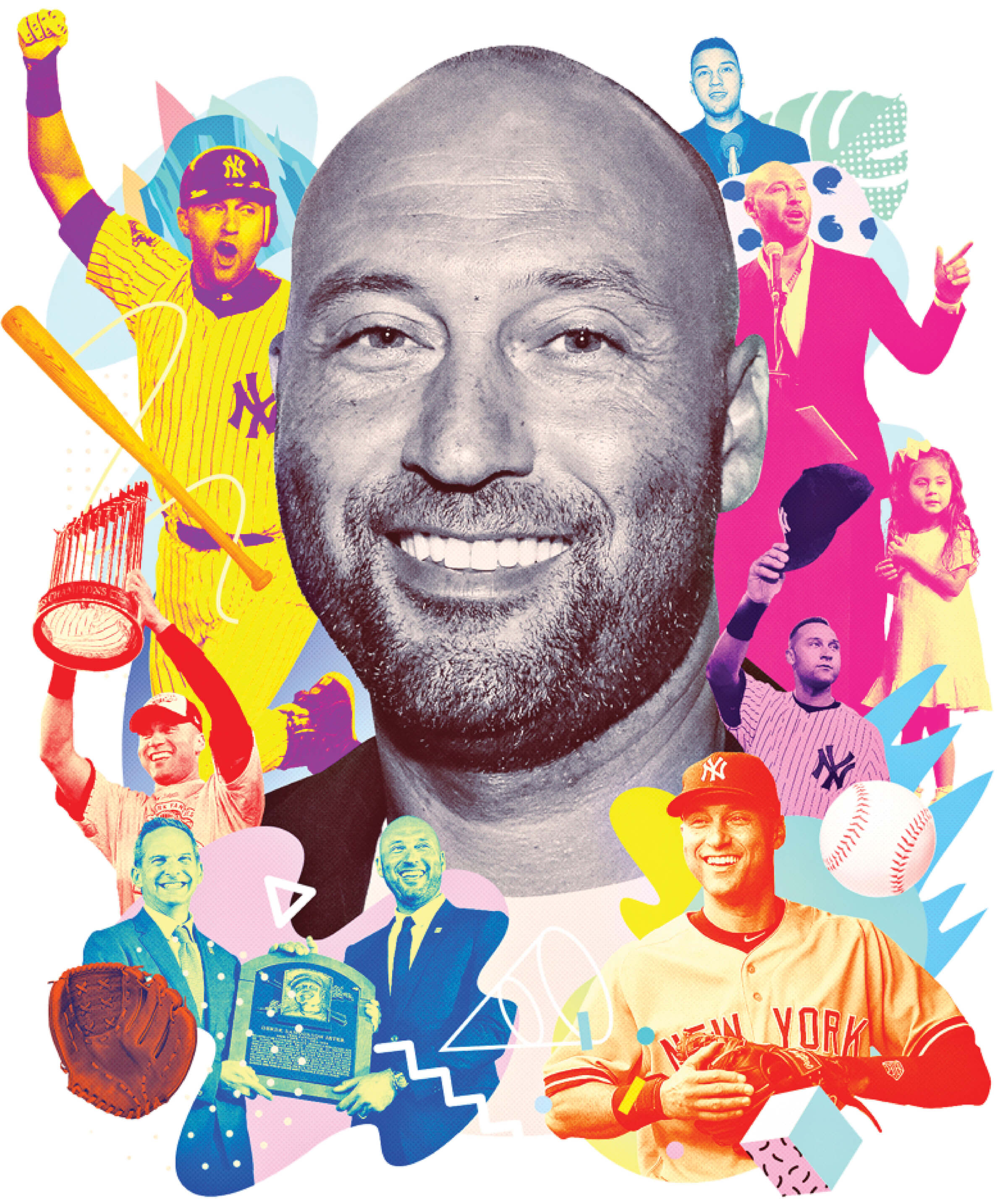 Photo illustration of Derek Jeter's portrait surrounded by smaller photos of him throughout his career