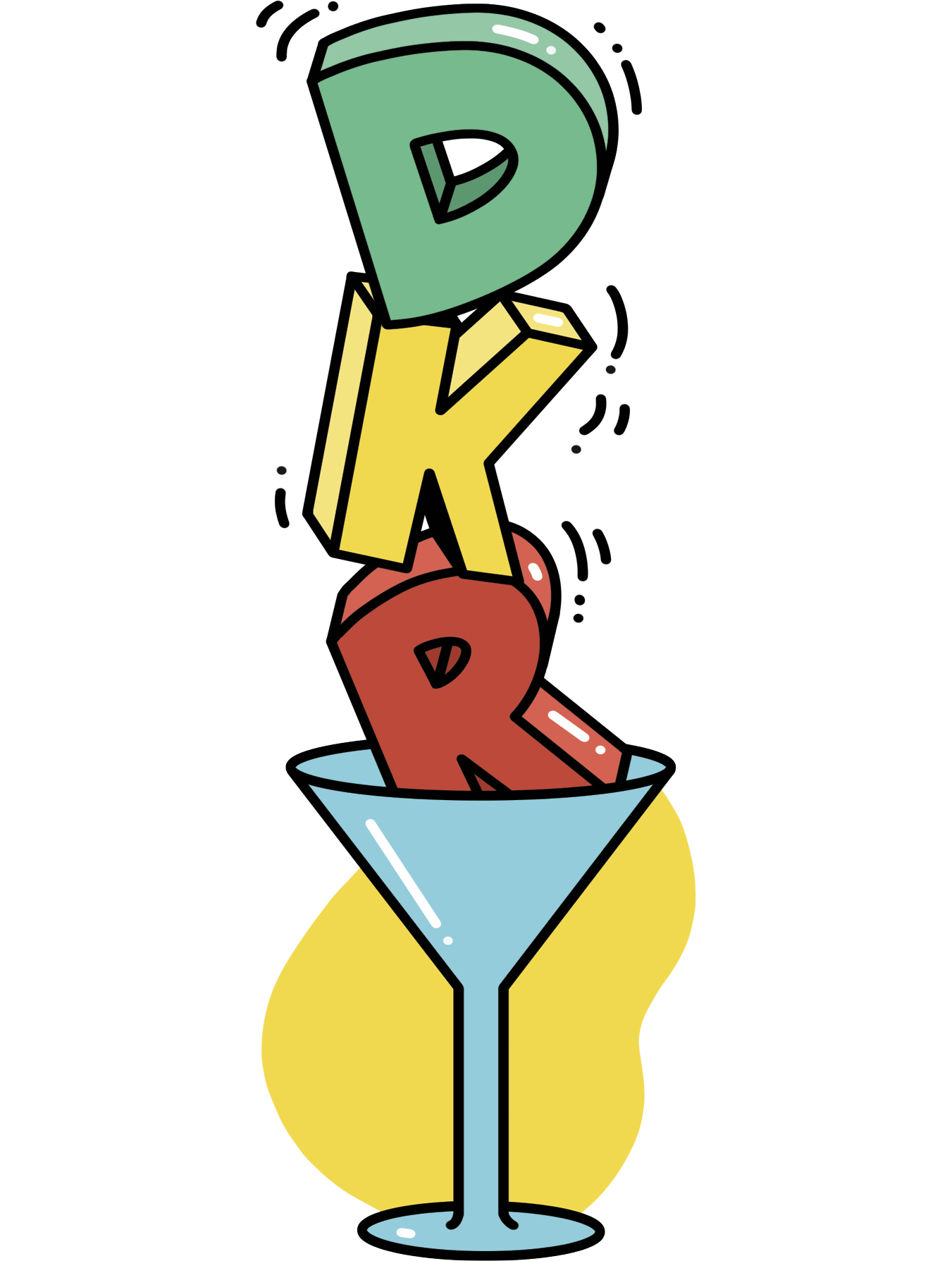 Illustration of a martini glass, with the letters D, K, and R, stacked inside