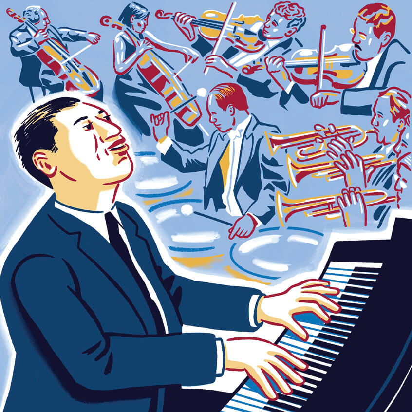 Illustration of George Gershwin playing piano, with other orchestra members in background