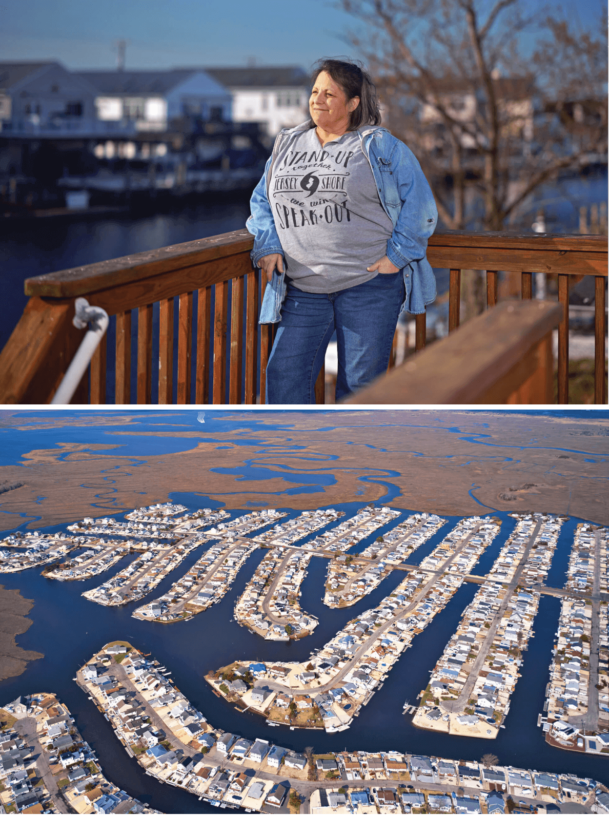 Photo of Jody Stewart. Aerial photo of Mystic Island homes and canals