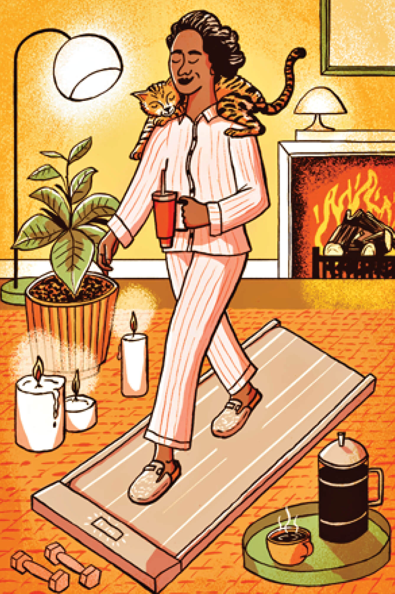 Illustration of woman in her pajamas, walking on a walking pad in her warmly lit living room